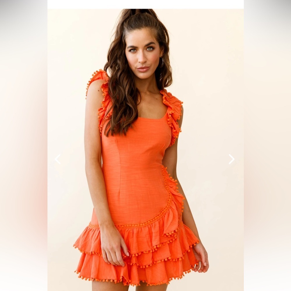 Size S SelfieLeslie Annie Ruffle Mini Dress Shoulder Straps Orange Ruffles Party
